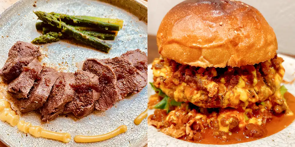 「鹿肉ステーキ」と「鹿肉プレミアバーガー オリジナルソース(ミートソース)」(写真)