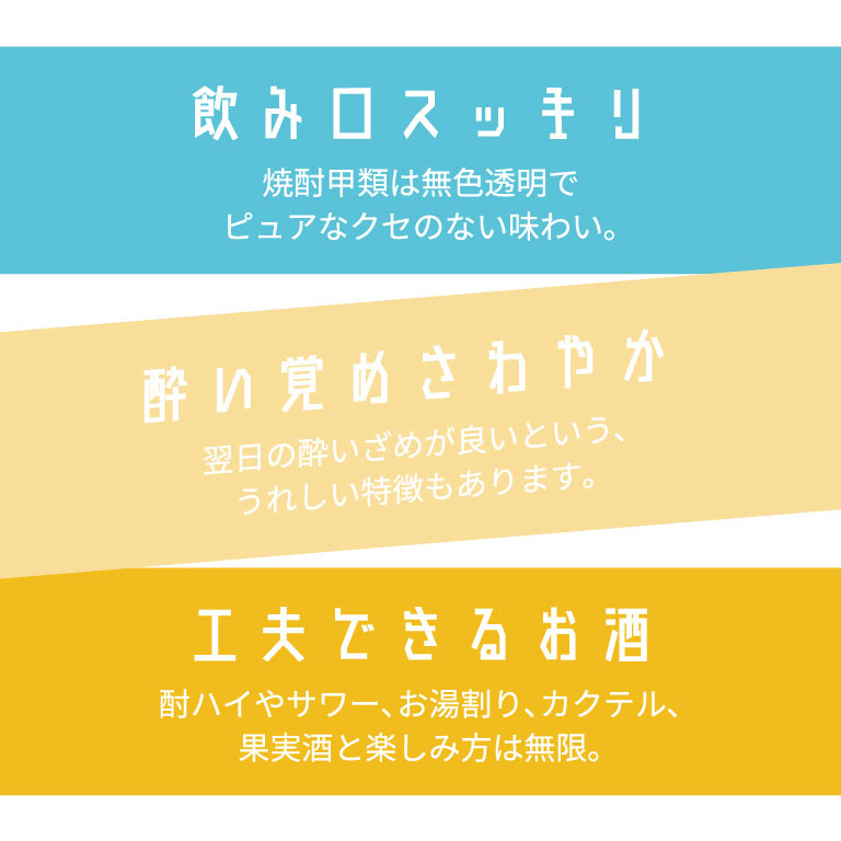 飲み口スッキリ　焼酎甲類は無色透明でピュアなクセのない味わい。｜酔い覚めさわやか　翌日の酔いざめが良いという、うれしい特徴もあります。｜　工夫できるお酒　酎ハイやサワー、お湯割り、カクテル、果実酒と楽しみ方は無限。